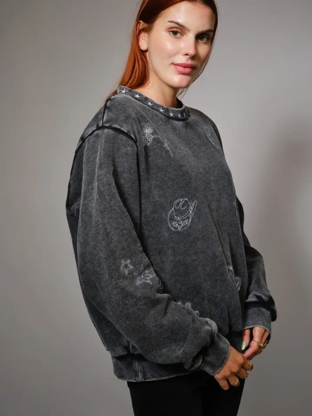 BLUE B Washed Black Western Graphic Pullover Sweat Shirt - Picture 2 of 5
